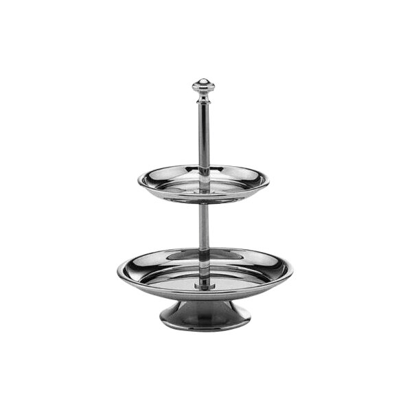 A silver two tiered Hepp by Bauscher pastry stand with round metal trays.