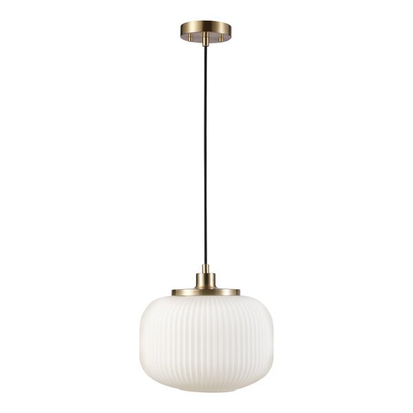 A white glass and brass pendant light with a long black and gold pole.