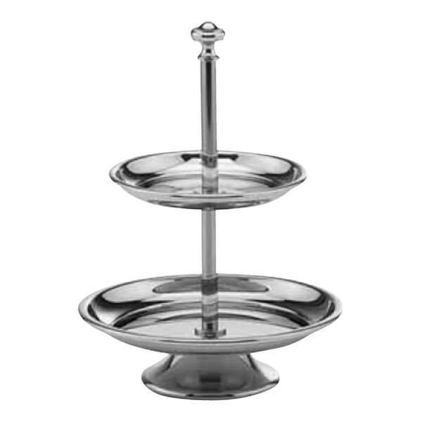 A silver plated stainless steel two tiered pastry stand with round trays on a metal base.