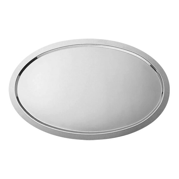 A stainless steel oval serving tray with a silver border.