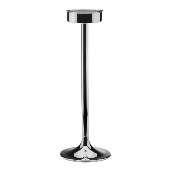 A silver plated stainless steel wine cooler stand with a round base.