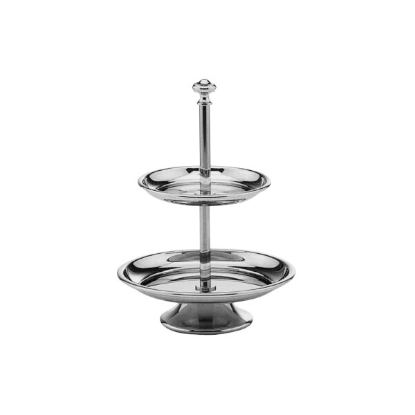 A silver two tiered stainless steel pastry stand.