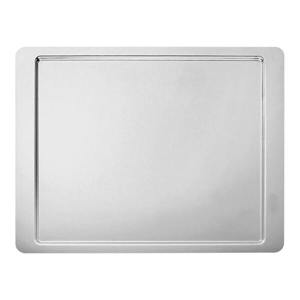 A white rectangular stainless steel Hepp banquet tray.