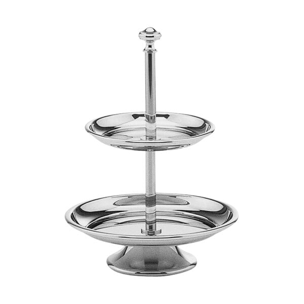 A silver two tiered Hepp by BauscherHepp pastry stand with round metal trays.