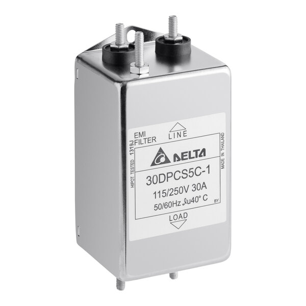 A silver rectangular Solwave magnetron noise filter with a white label.