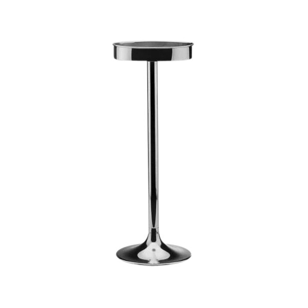 A round silver stainless steel wine cooler stand on a round black base.