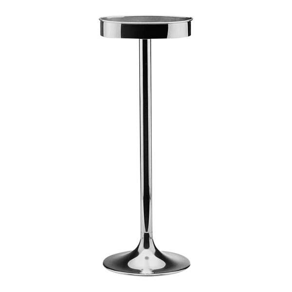 A silver stainless steel wine cooler stand with a black stripe on top.
