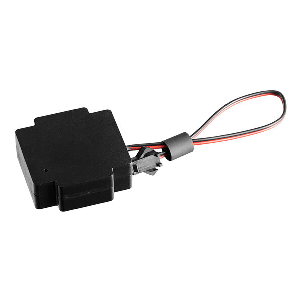 A black Solwave buzzer with red and black wires.