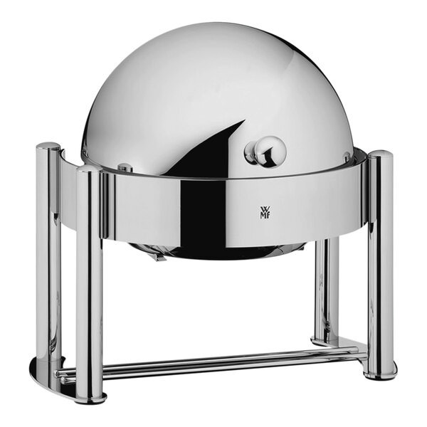 A silver round WMF Metropolitan chafer with a round lid on a stand.