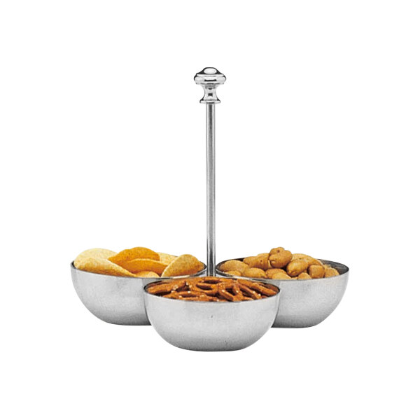 A Hepp stainless steel 3-compartment snack stand with bowls of nuts, pretzels, and chips.