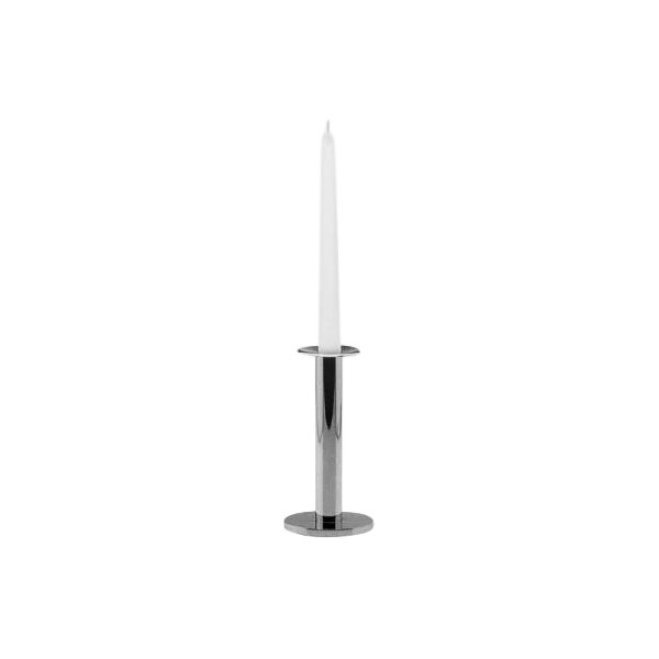A white candle in a Hepp silver plated stainless steel candle holder.