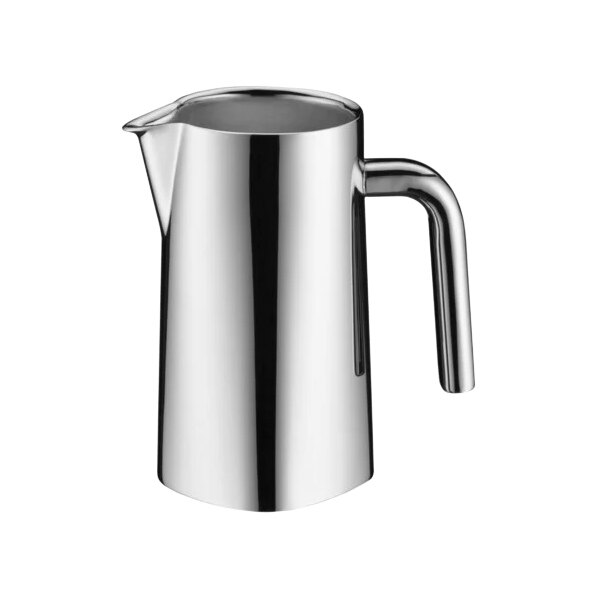 A WMF stainless steel milk pot with a handle.
