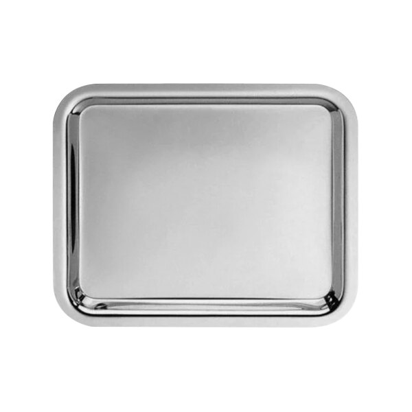 A silver rectangular stainless steel serving tray with rounded edges.