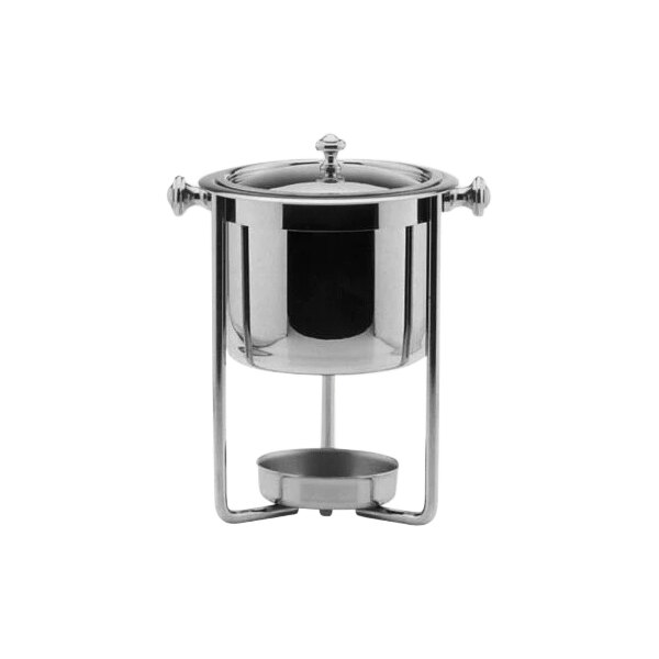 A Hepp silver plated stainless steel sauce chafer with a lid.