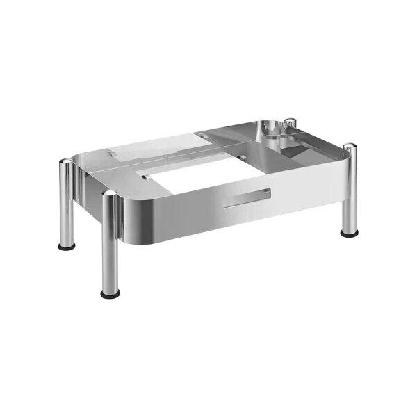A silver rectangular stainless steel chafing dish frame with black legs.