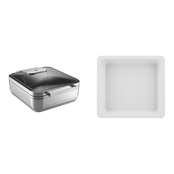 Hepp by BauscherHepp Arte 2/3 Size Rectangular Stainless Steel Induction Chafing Dish and (3) Porcelain Inserts 57.0021.6014