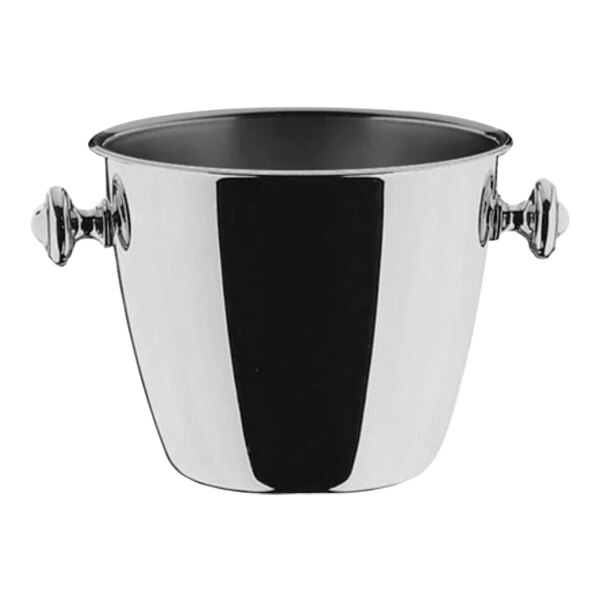 A WMF stainless steel ice bucket with handles.