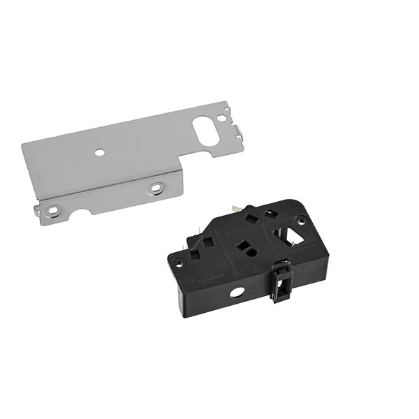 A black and silver metal plate with screws and black plastic interlock parts.