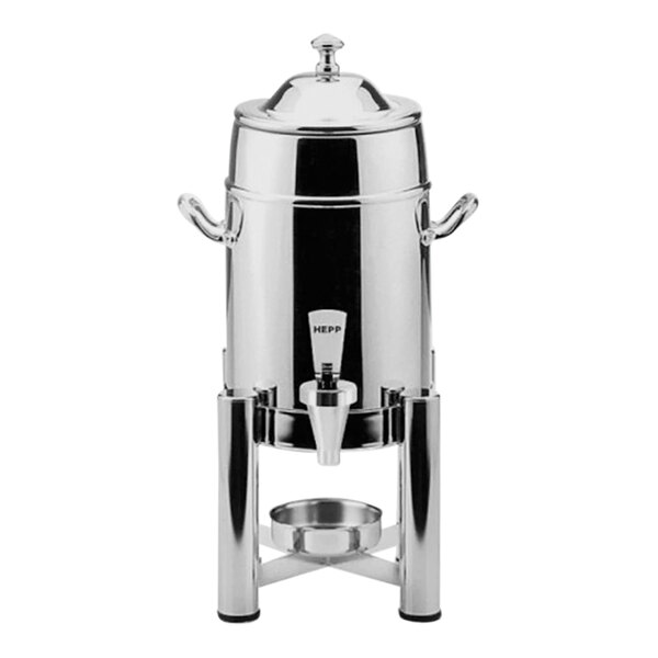 A silver stainless steel coffee urn with a lid.