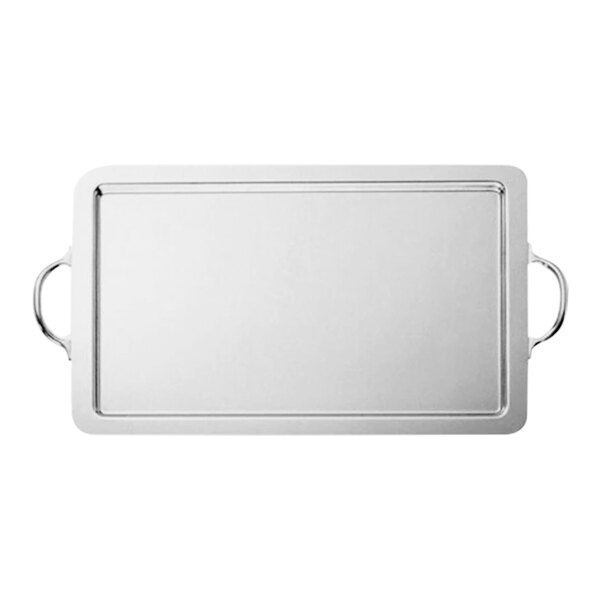 A Hepp rectangular stainless steel banquet tray with handles.