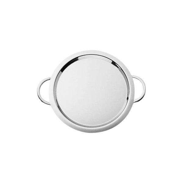 A Hepp stainless steel round banquet tray with handles.