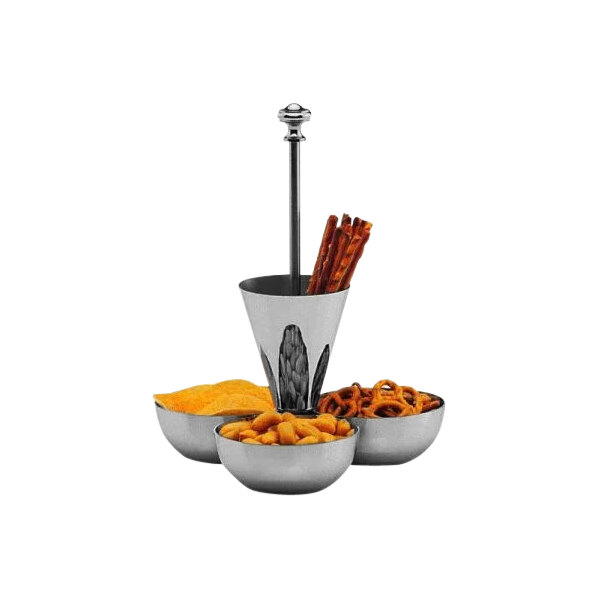 A Hepp silver plated stainless steel snack stand holding bowls of snacks.