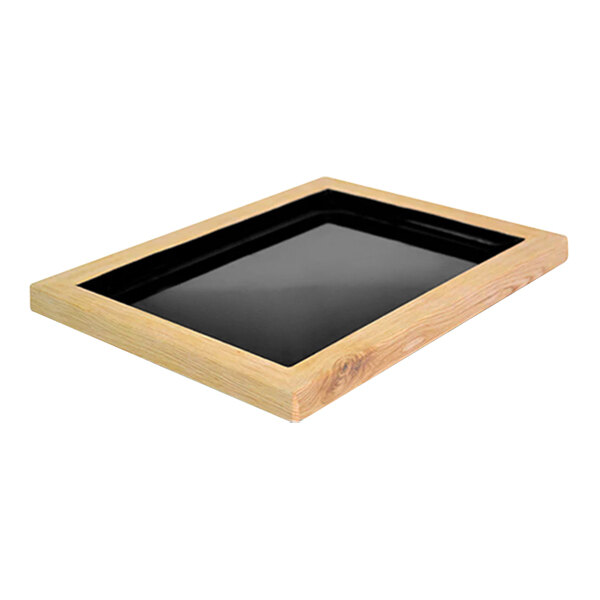 A black rectangular melamine tray with a wooden frame.