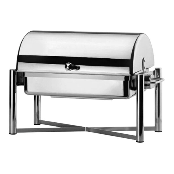 A silver stainless steel rectangular chafer with a lid.