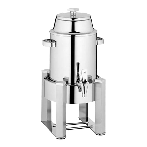 A WMF stainless steel coffee urn with a white lid.