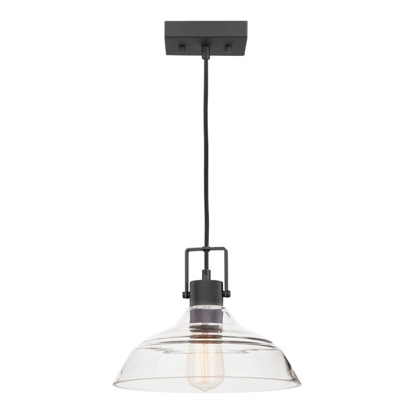 A Globe matte black pendant light with clear glass shade.