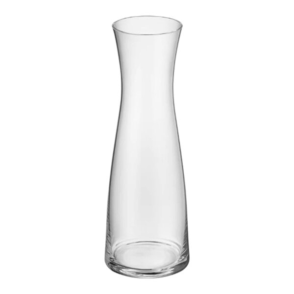 A clear glass decanter with a curved neck.