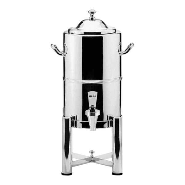 A Hepp by Bauscher stainless steel coffee urn with a lid and handle.