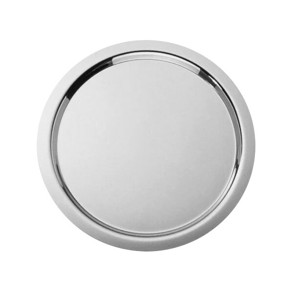 A round stainless steel banquet tray with a white background.
