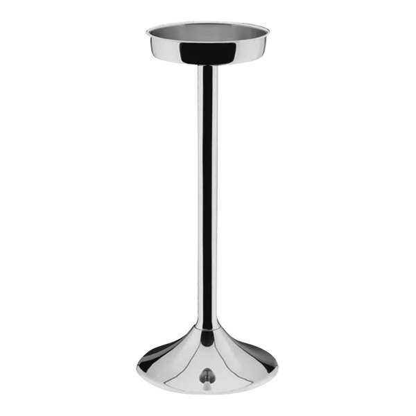 A silver pedestal with a round base holding a rectangular stainless steel wine cooler stand.