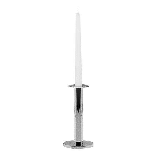 A Hepp stainless steel candelabra with a white candle on a table.
