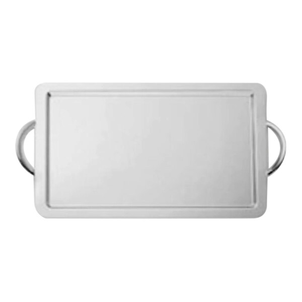 A white rectangular Hepp by Bauscher stainless steel tray with handles.