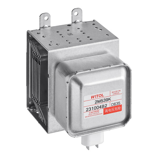A Solwave Magnetron power transformer in a metal box with a red label.