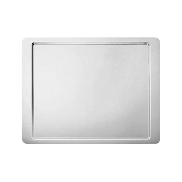 A rectangular stainless steel banquet tray with a silver border.