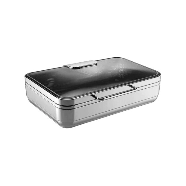 A rectangular stainless steel WMF chafing dish with a lid.