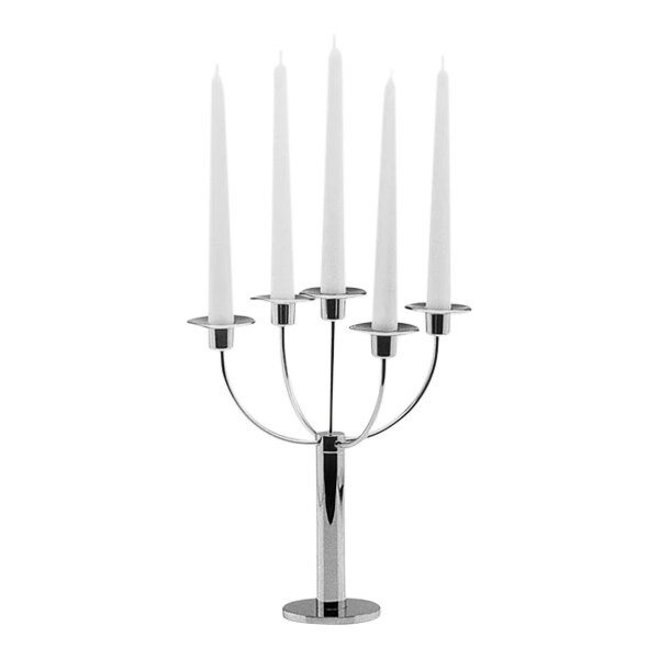 A Hepp by Bauscher stainless steel candelabra with five lit candles.