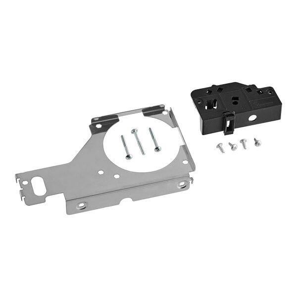 A black and silver metal Solwave interlock door assembly with screws.