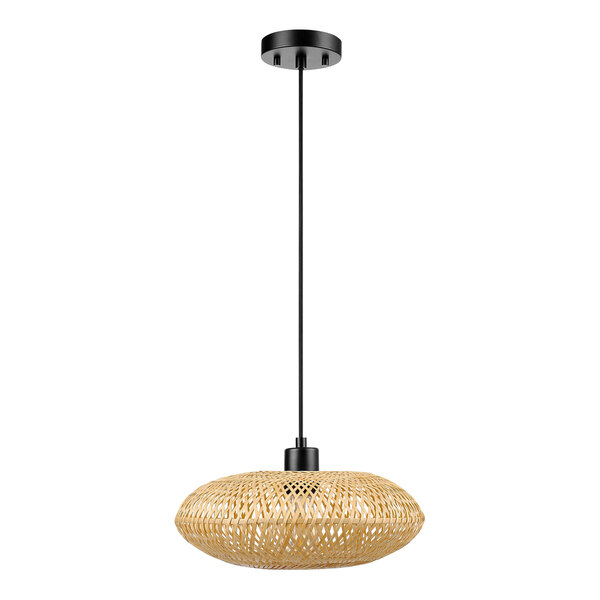 A Globe pendant light with a woven bamboo chandelier shade.