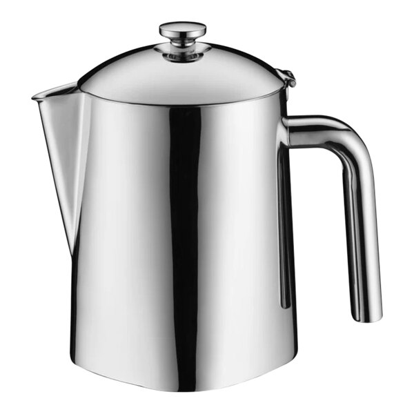 A WMF silver stainless steel teapot with a handle.