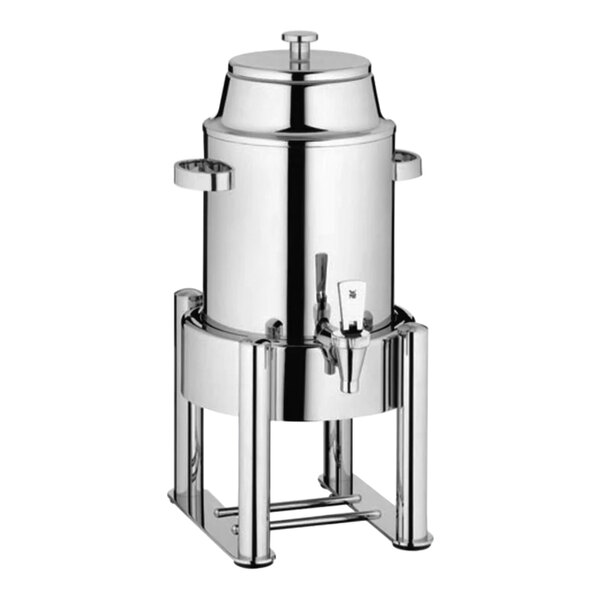 A WMF stainless steel coffee urn with a lid.