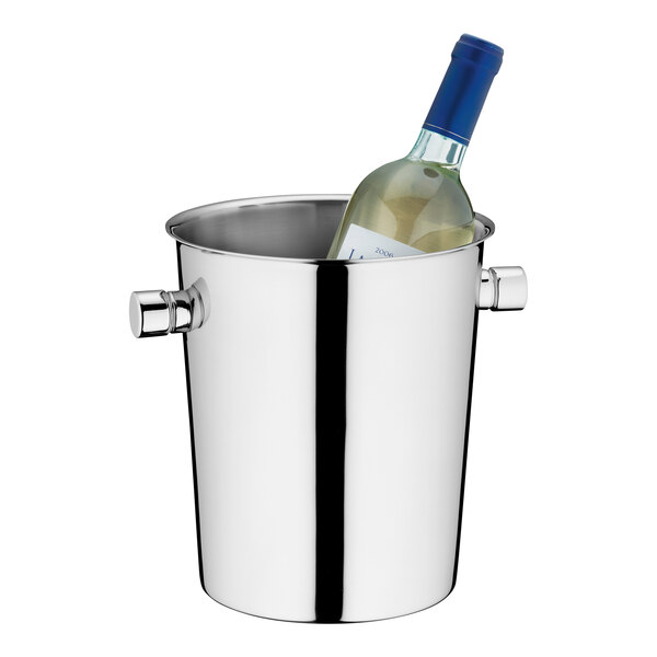 A bottle of white wine in a stainless steel wine bucket.