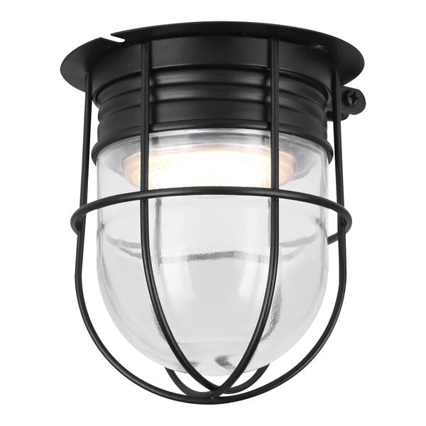 A black Canarm outdoor barn light with a glass cover.