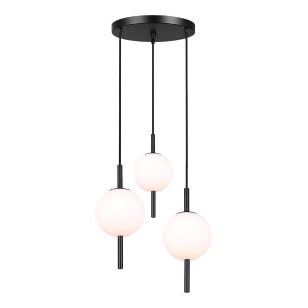 A black Canarm pendant light with three white opal glass spheres.
