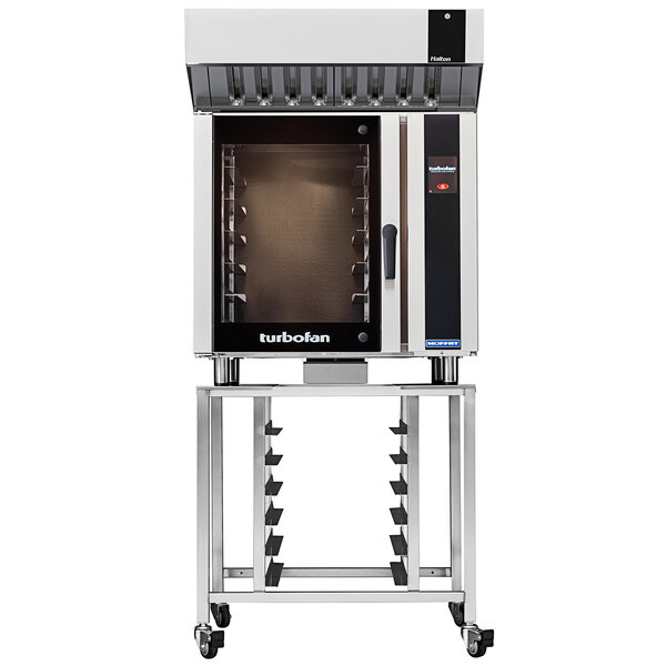A black and white Moffat Turbofan commercial convection oven with a glass door on a stand.