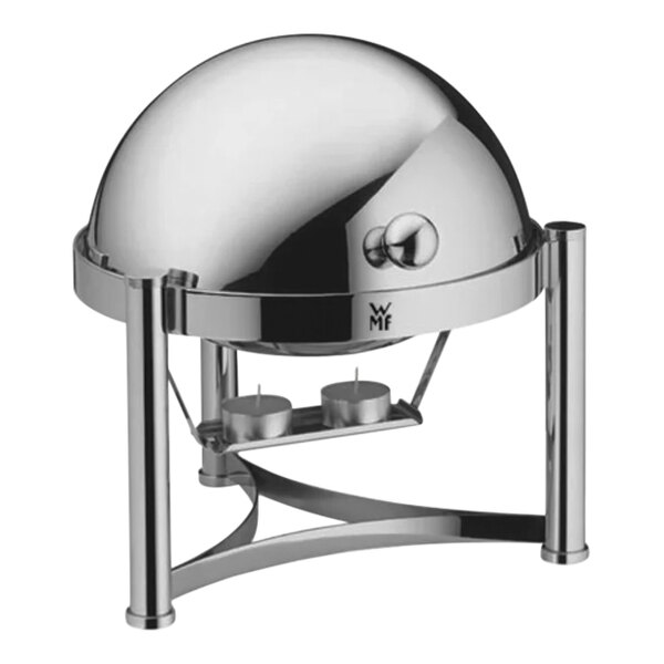 A WMF Metropolitan stainless steel round chafer with a round lid on a stand.