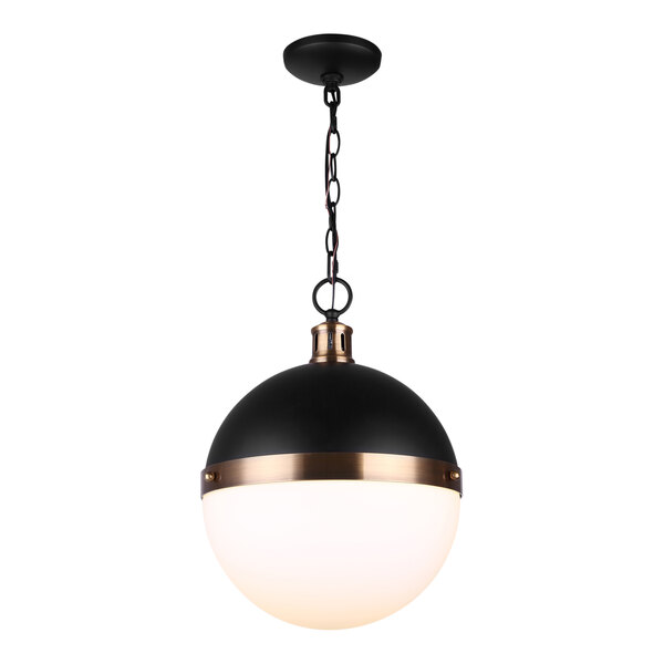 A black and gold Canarm pendant light with a white glass globe.